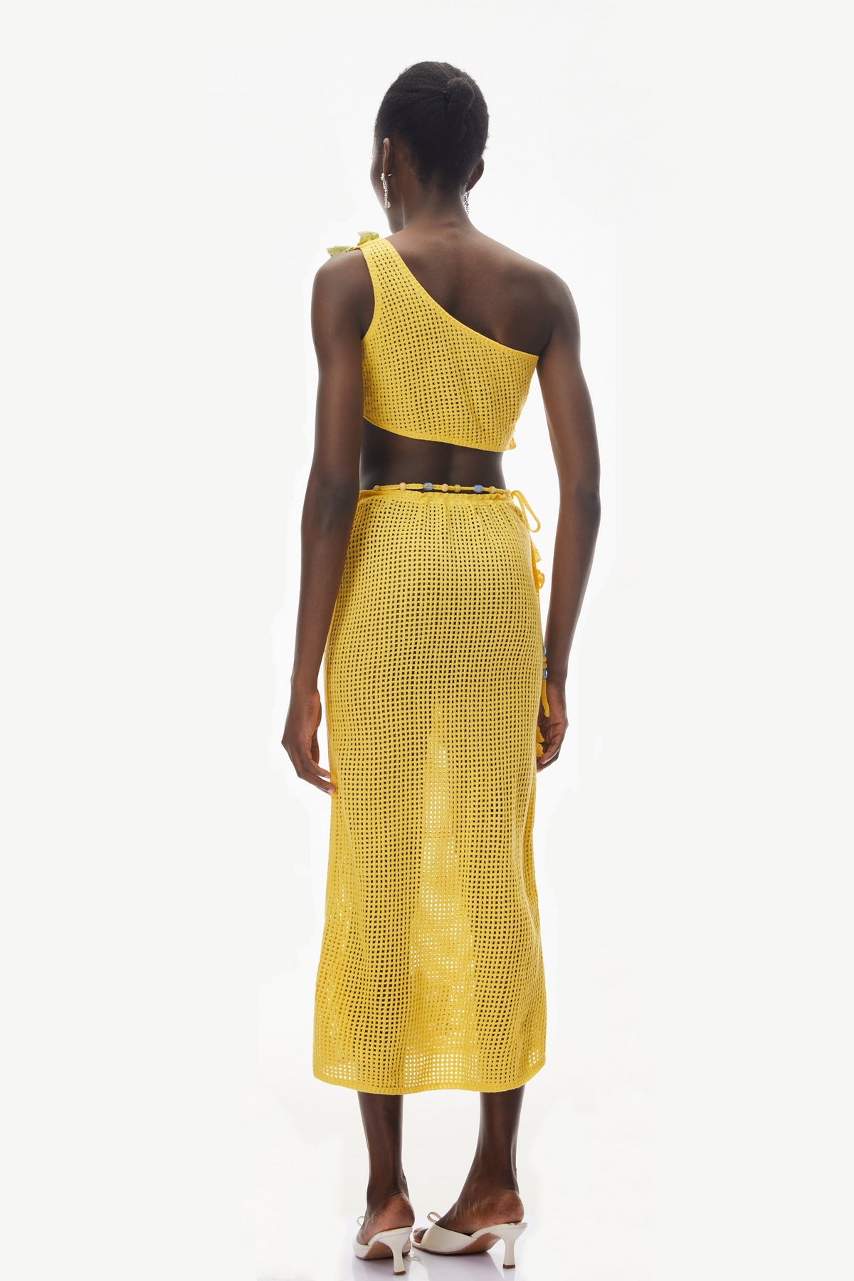 Ysabeau Yellow Asymmetrical Top & Skirt Set with 3D Florals