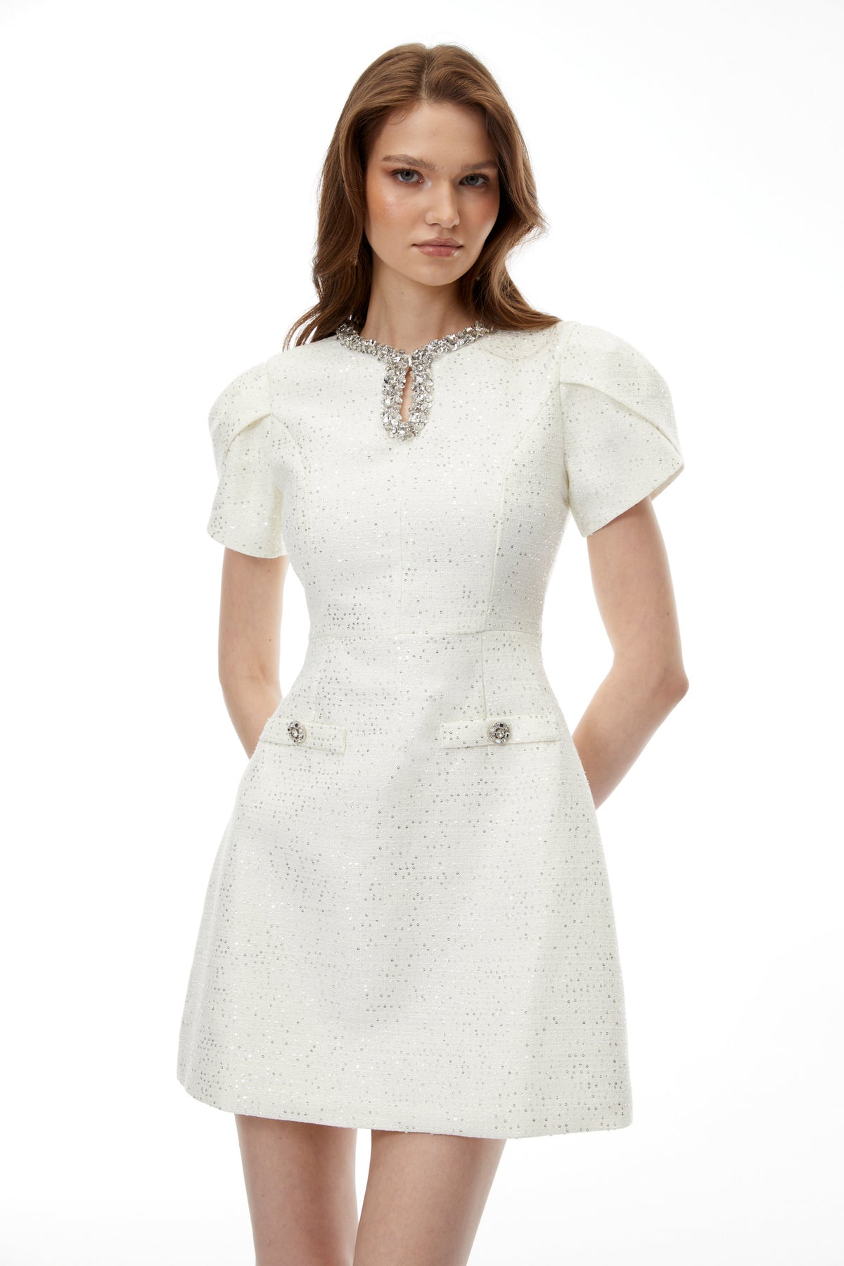 Ysolde Ivory Rhinestone Mini Dress