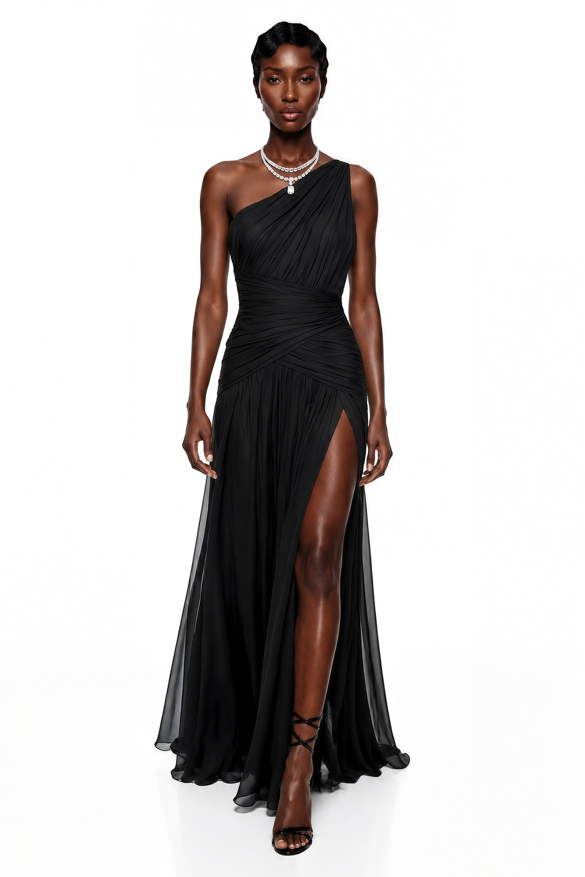 Zeliha Black One Shoulder Cross Front Ruched Maxi Dress