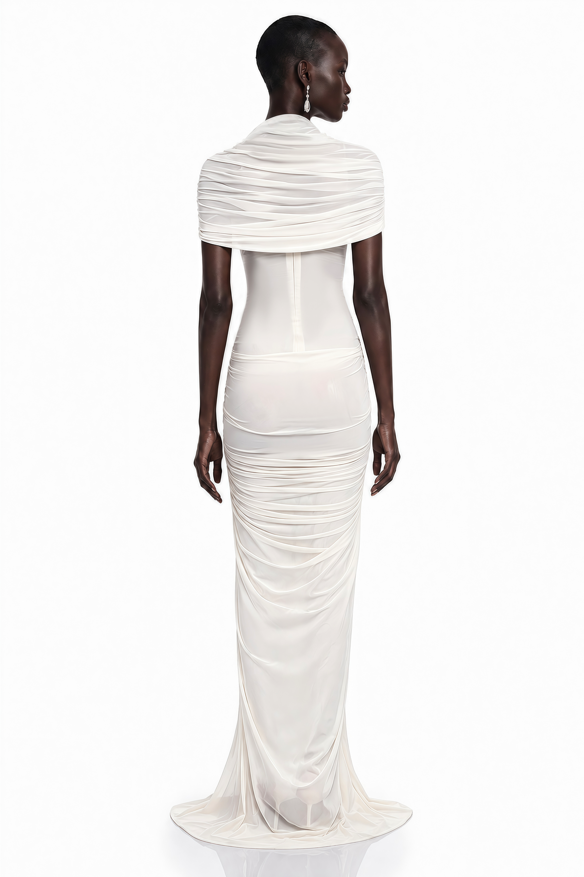 Zeynep White Ruched Maxi Dress with Cape Sleeves