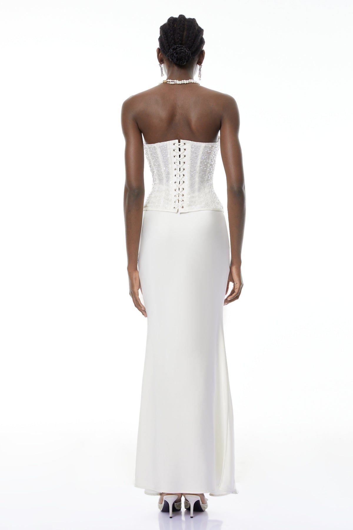 Zora White Sequin Corset Top & Satin Skirt Set (Final Sale)