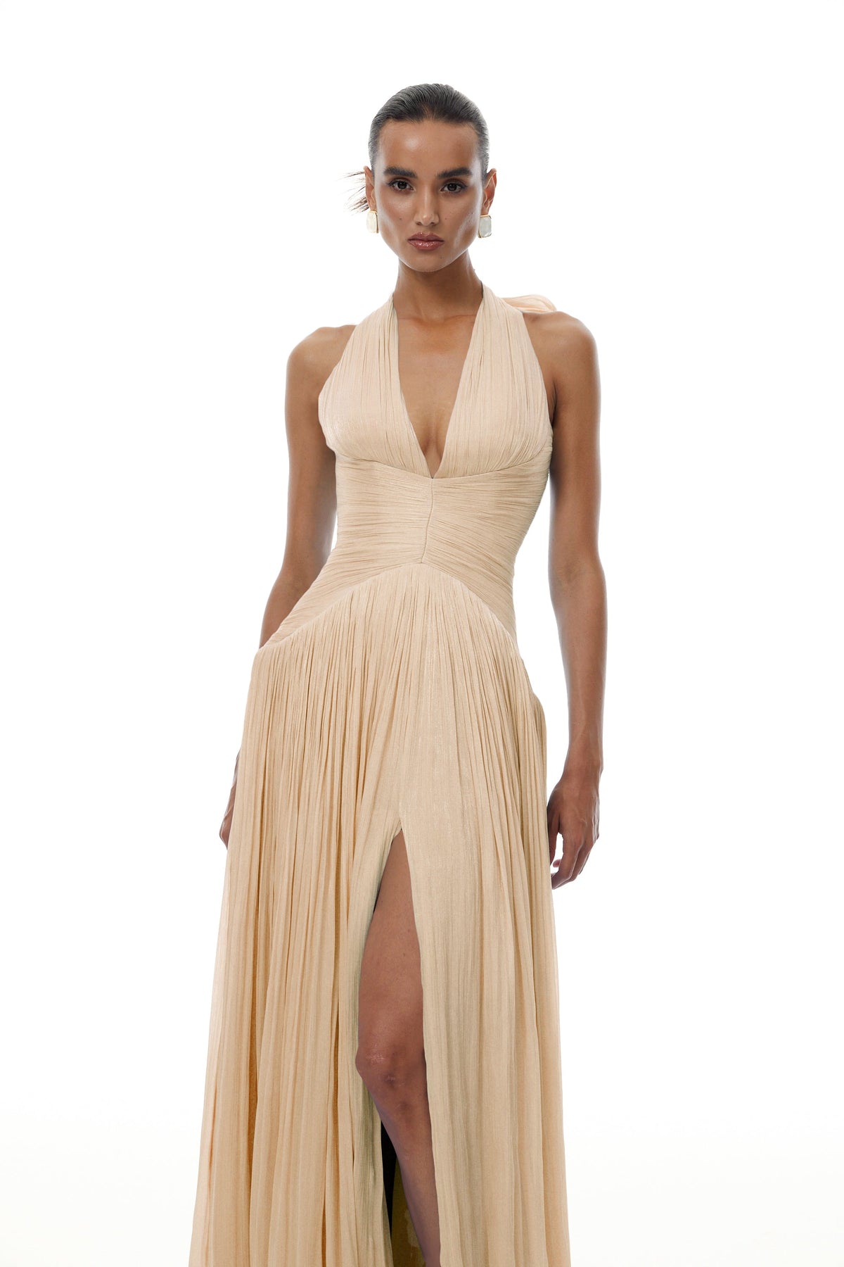 Térébenthine Neutral Glossy Gathered Maxi Dress