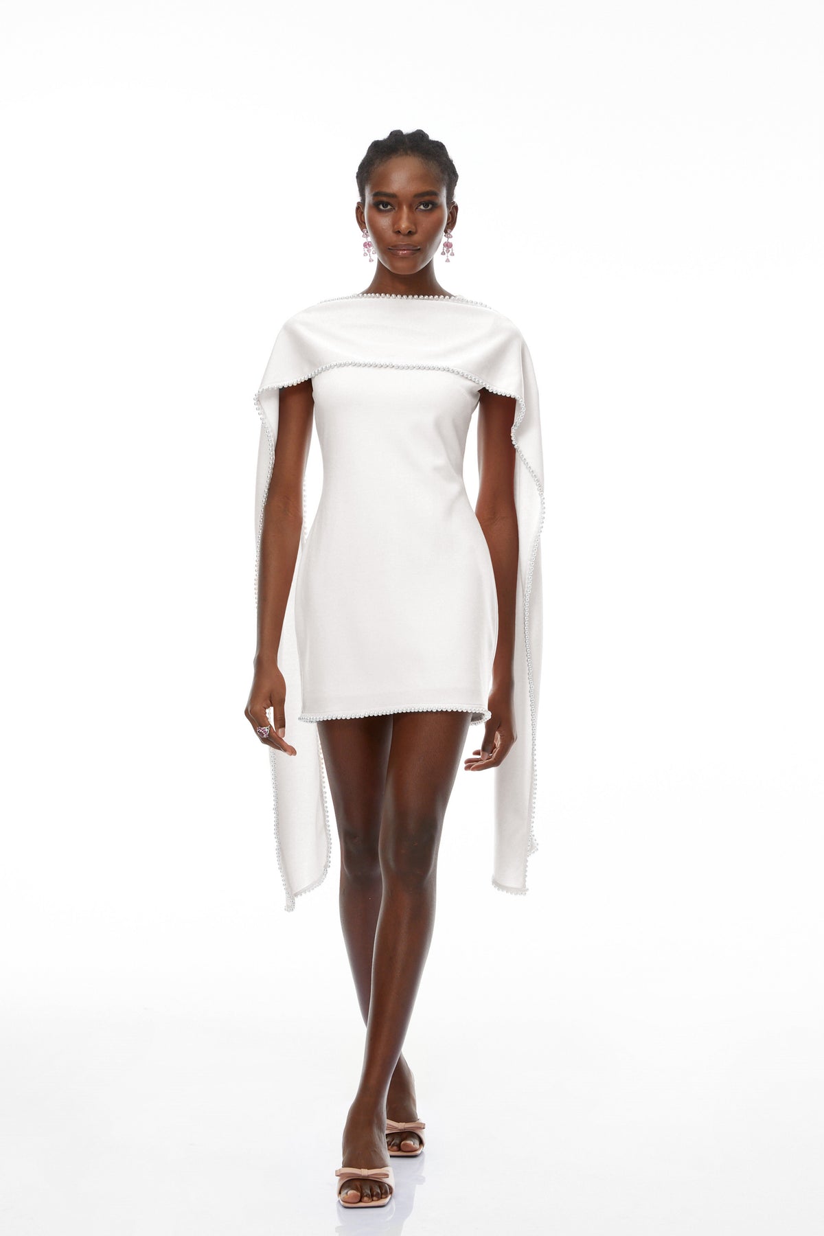Piroska White Sleeveless Pearl Trim Mini Dress