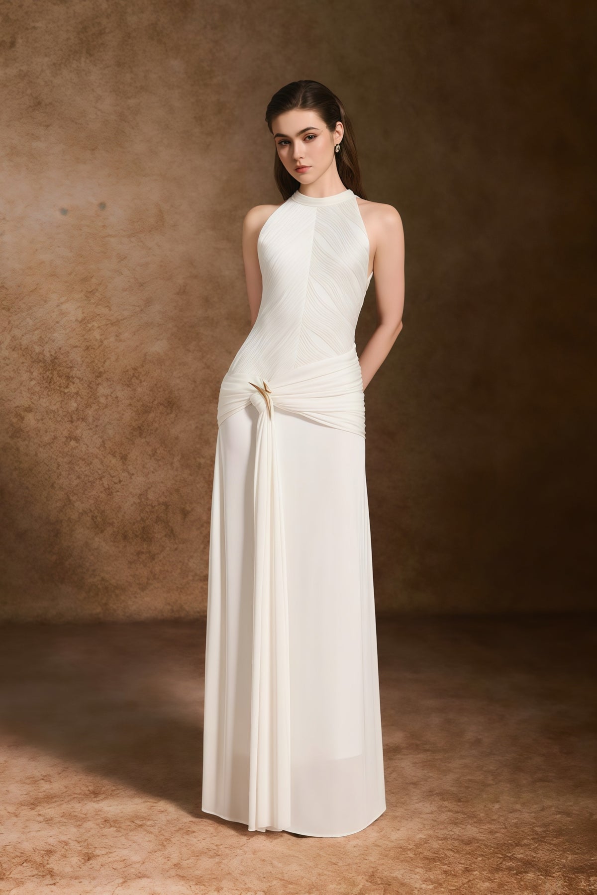 Klara White Ruched Ribbon Textured Maxi Dress