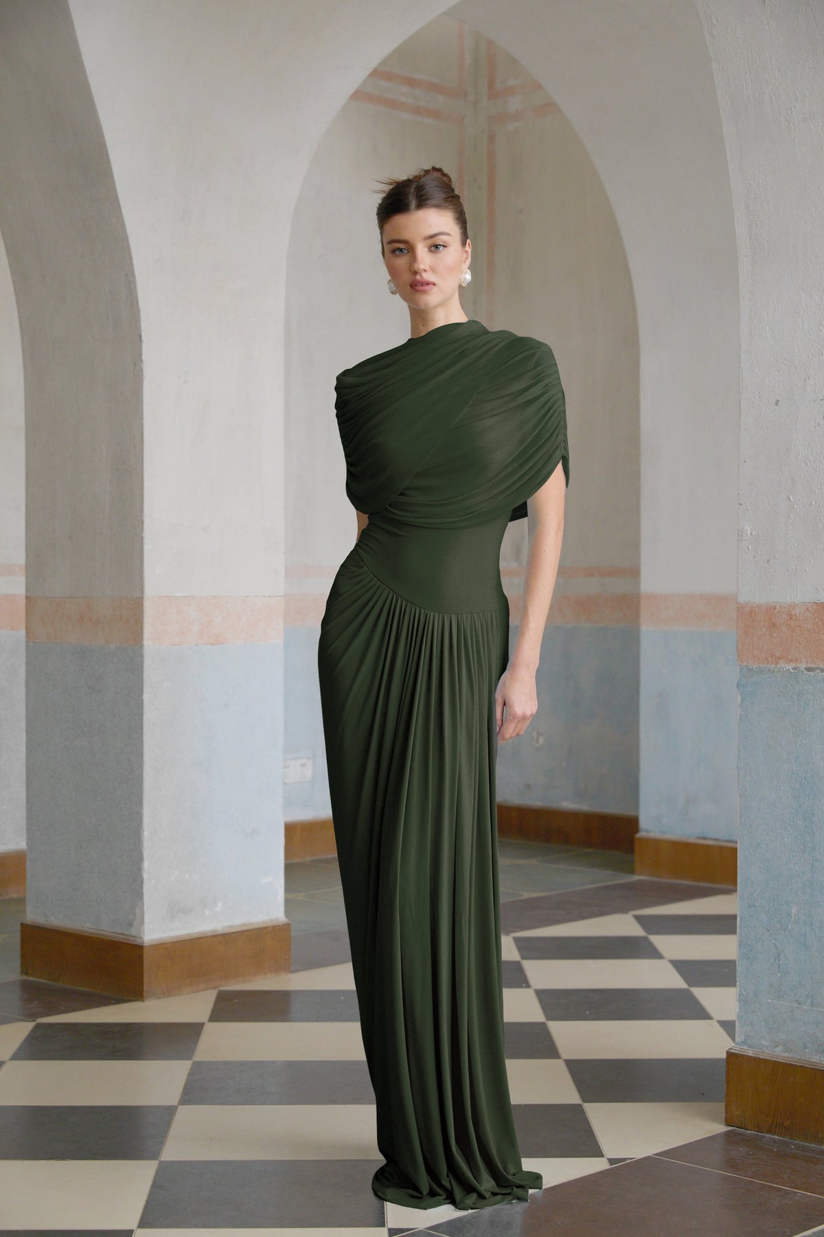 Catherine asymmetrical pleated maxi dress in Green
