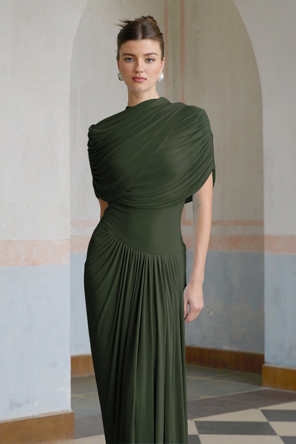 Catherine asymmetrical pleated maxi dress in Green