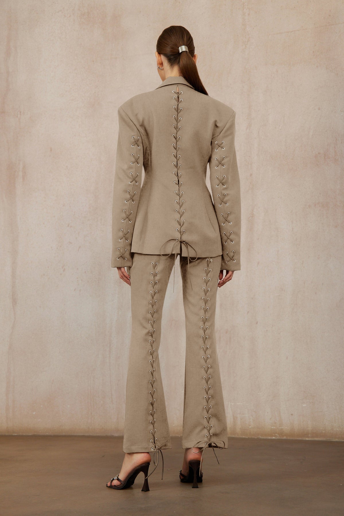 Prunille Khaki Lace-Up Blazer & Trousers Set
