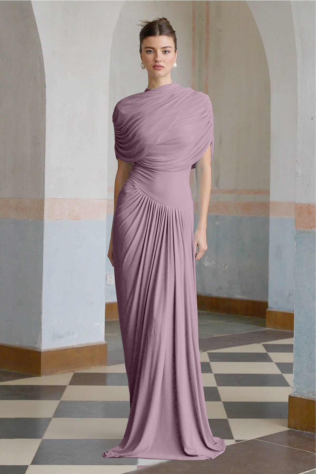 Catherine asymmetrical pleated maxi dress in Purple