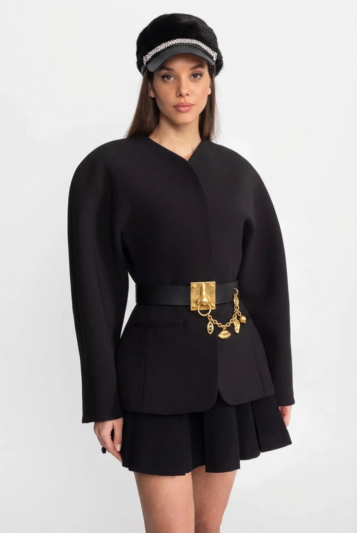 Belt with Sculptural Gold Hardware – Black