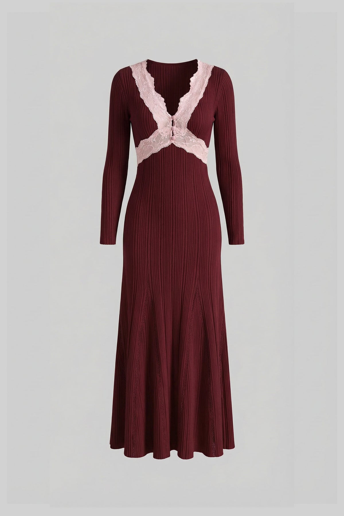 Ribbed Long Sleeve Midi Dress With Lace-Trim V-Neckline - Burgundy