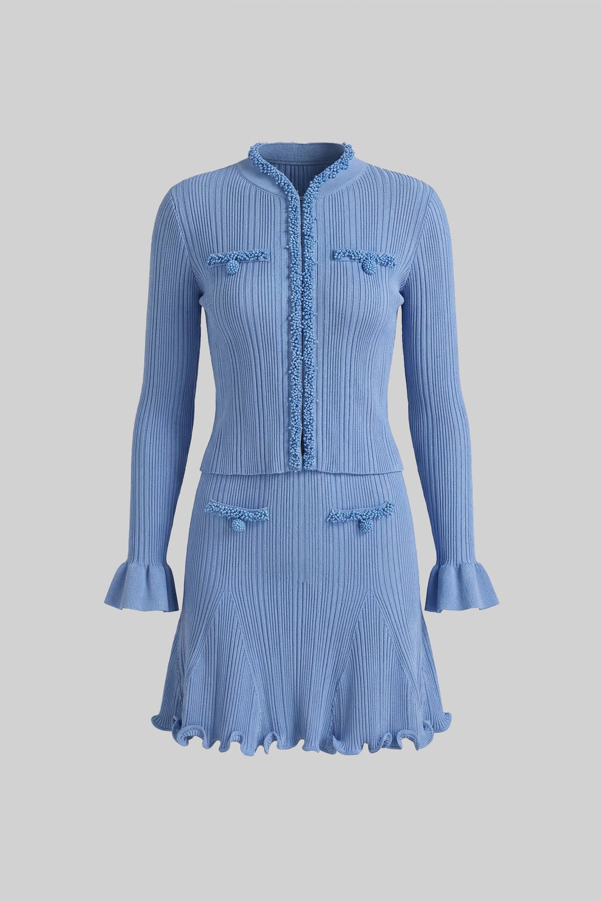 Ribbed Long Sleeve Set With Beaded Embellishments - Blue