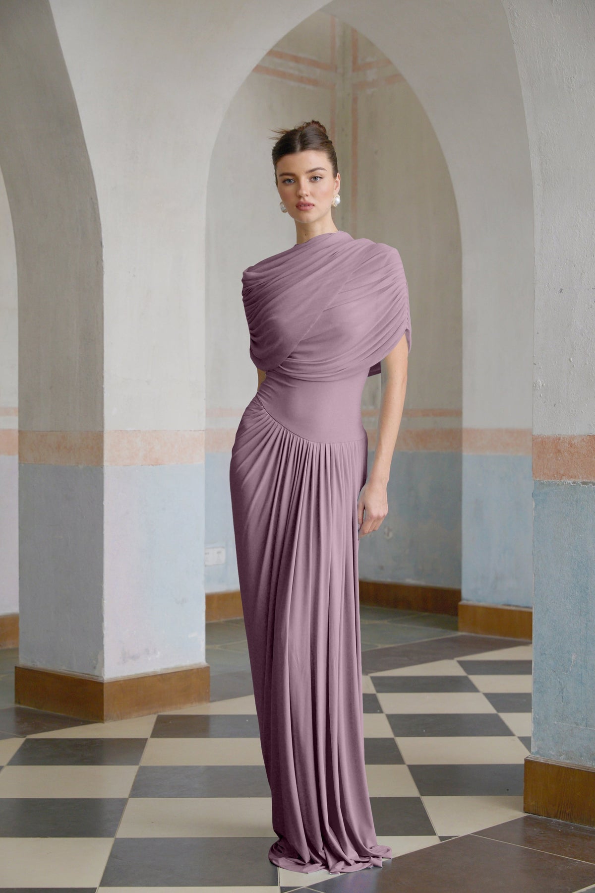 Catherine asymmetrical pleated maxi dress in Purple