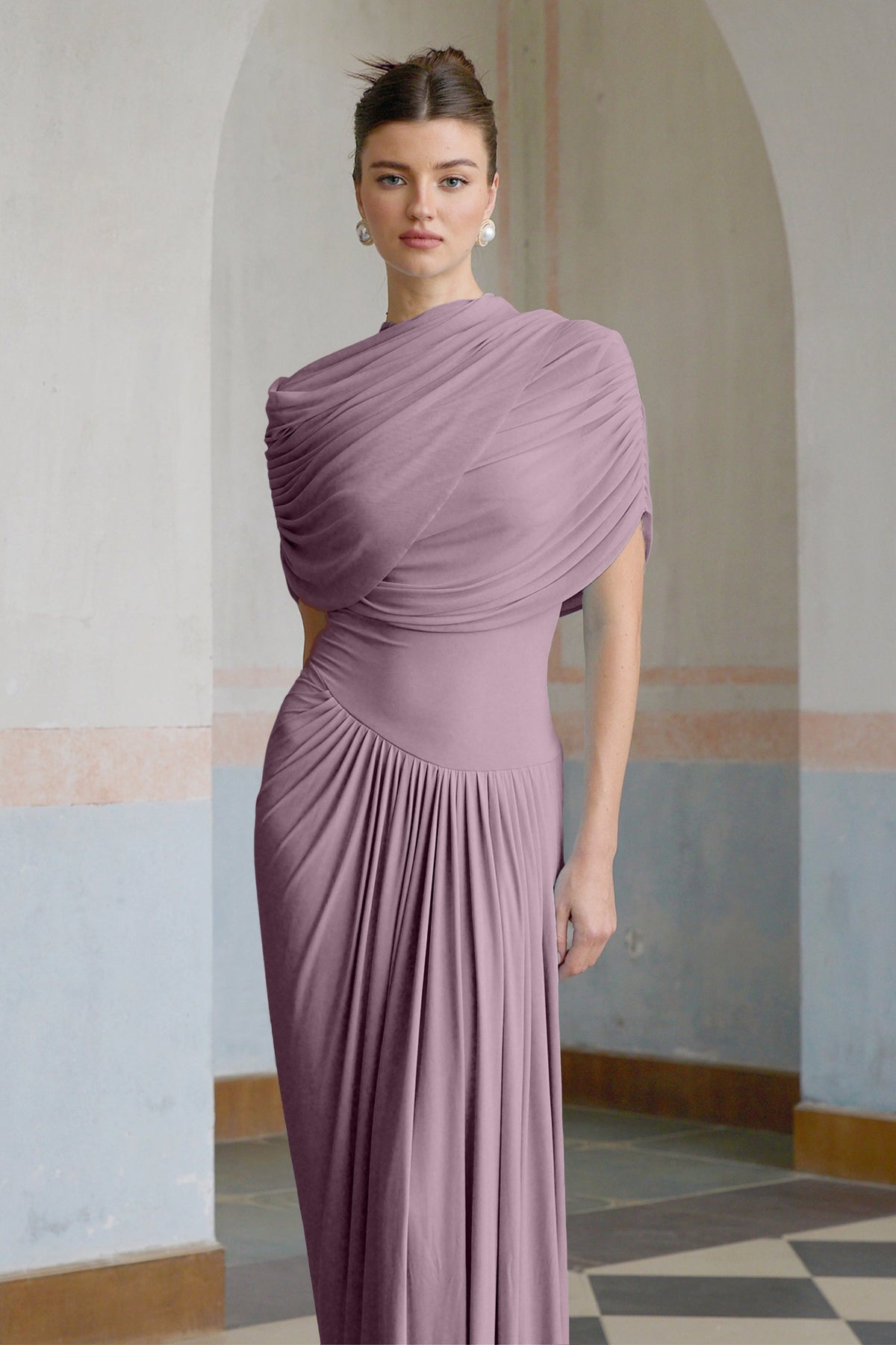Catherine asymmetrical pleated maxi dress in Purple