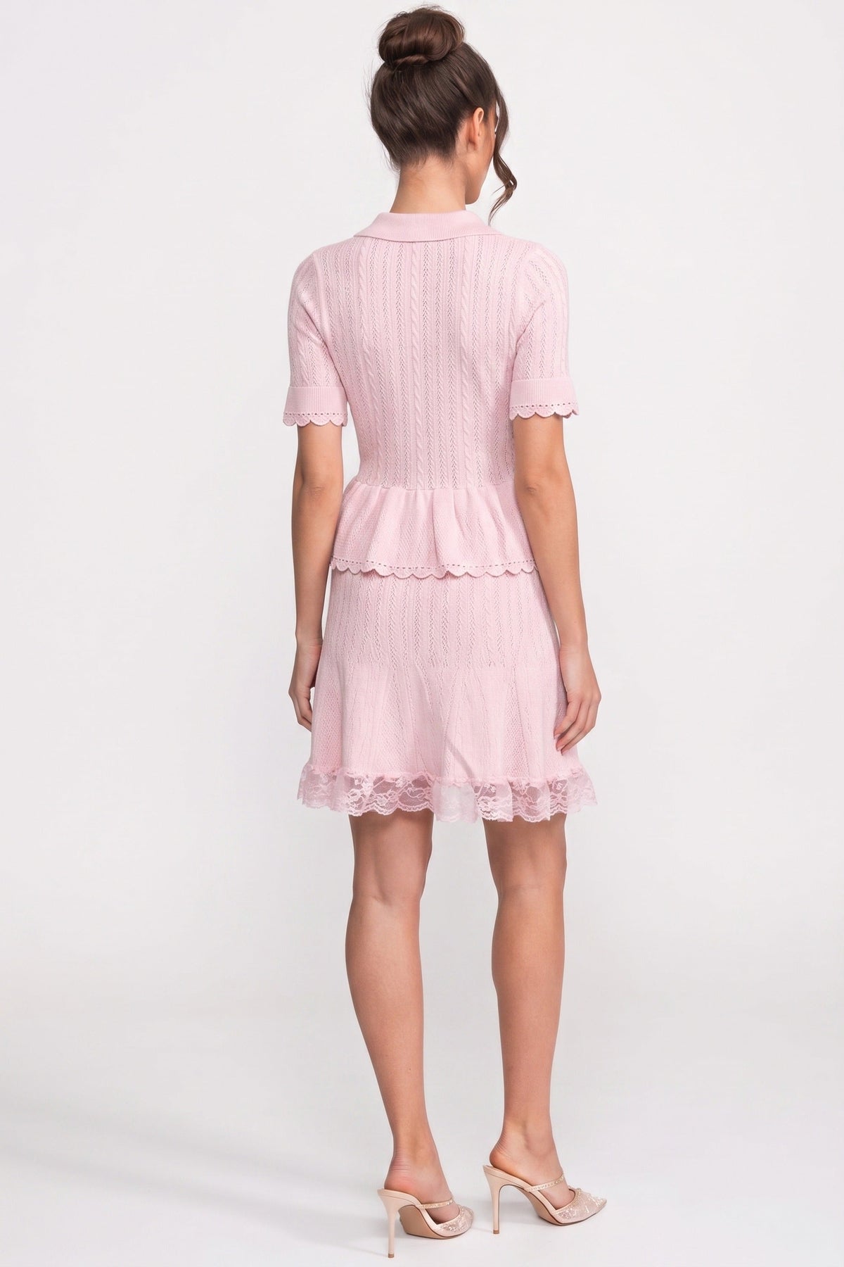 Polo-Collar Mini Dress With Button Top, Peplum Waist And Lace Hem - Pink