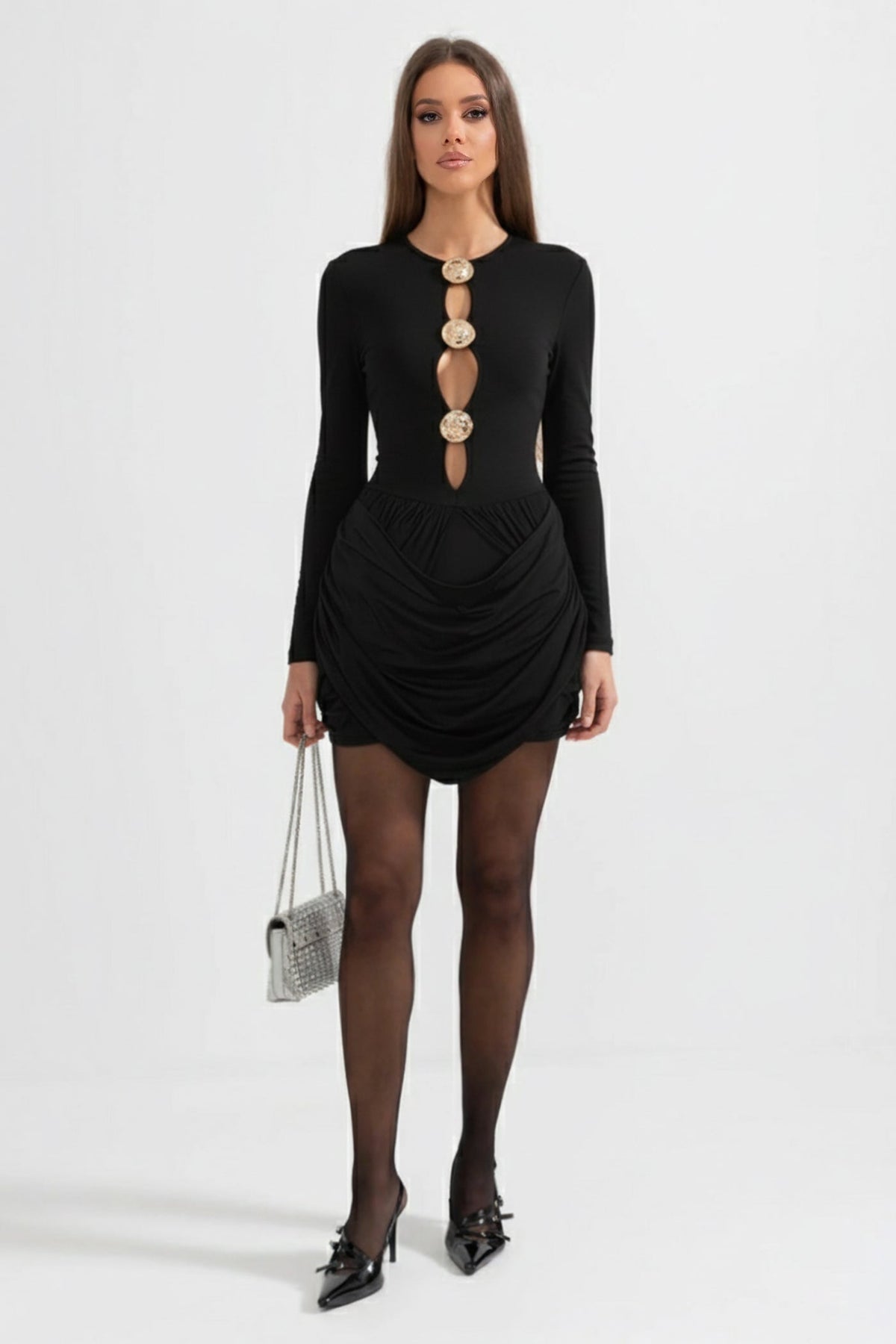 Draped Cut-Out Mini Dress With Sculptural Buttons – Black