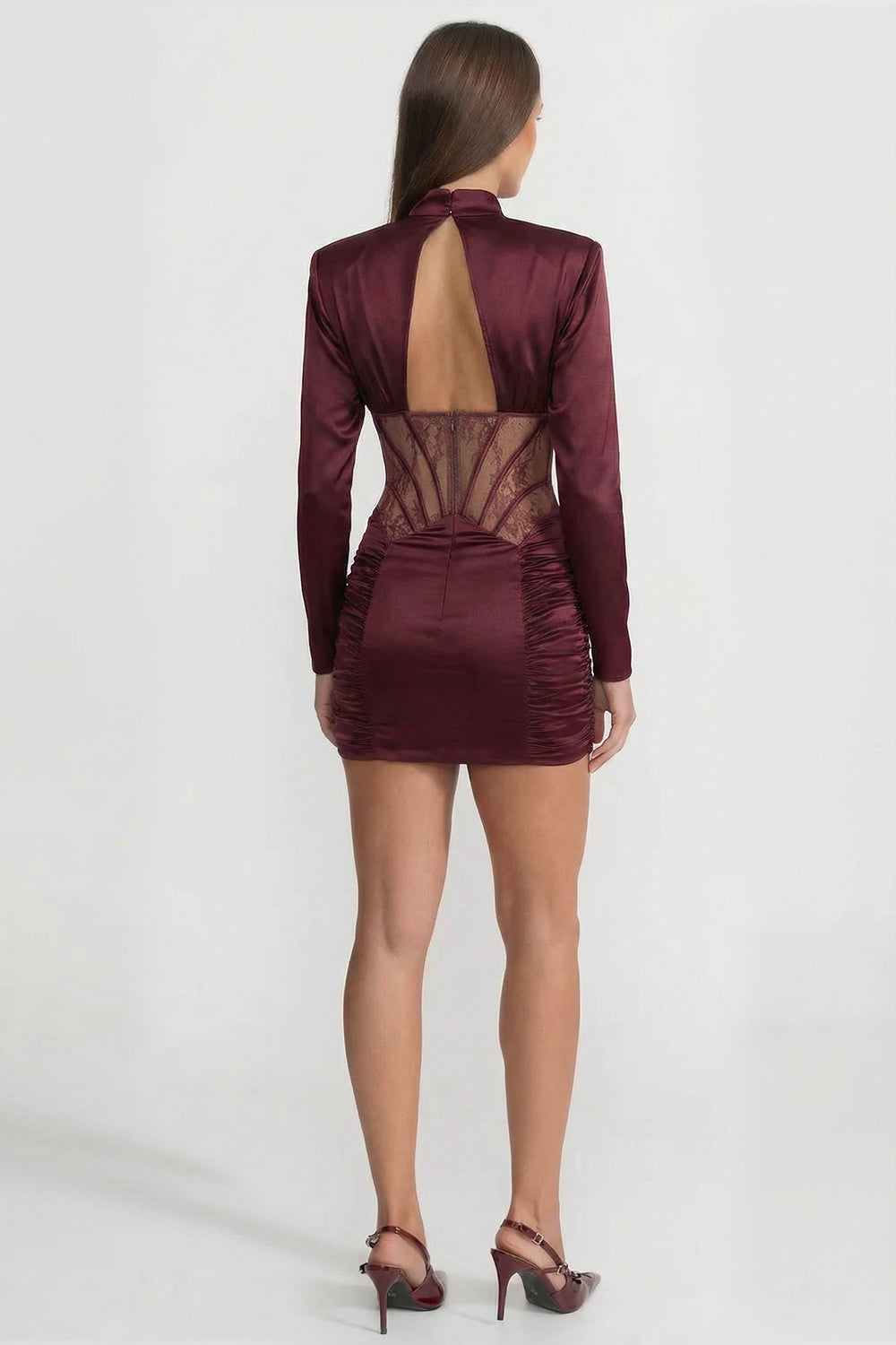 Satin Mini Dress with Lace Corset Insert – Burgundy