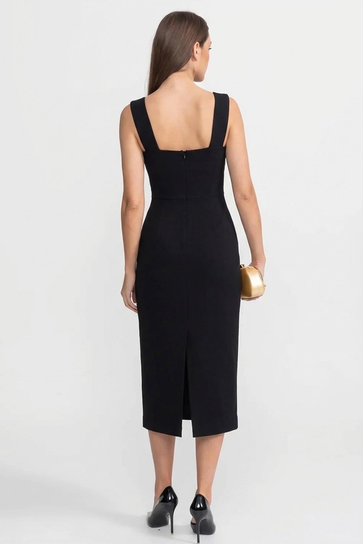 Structured Midi Dress with Sculpted Floral Accent – Black