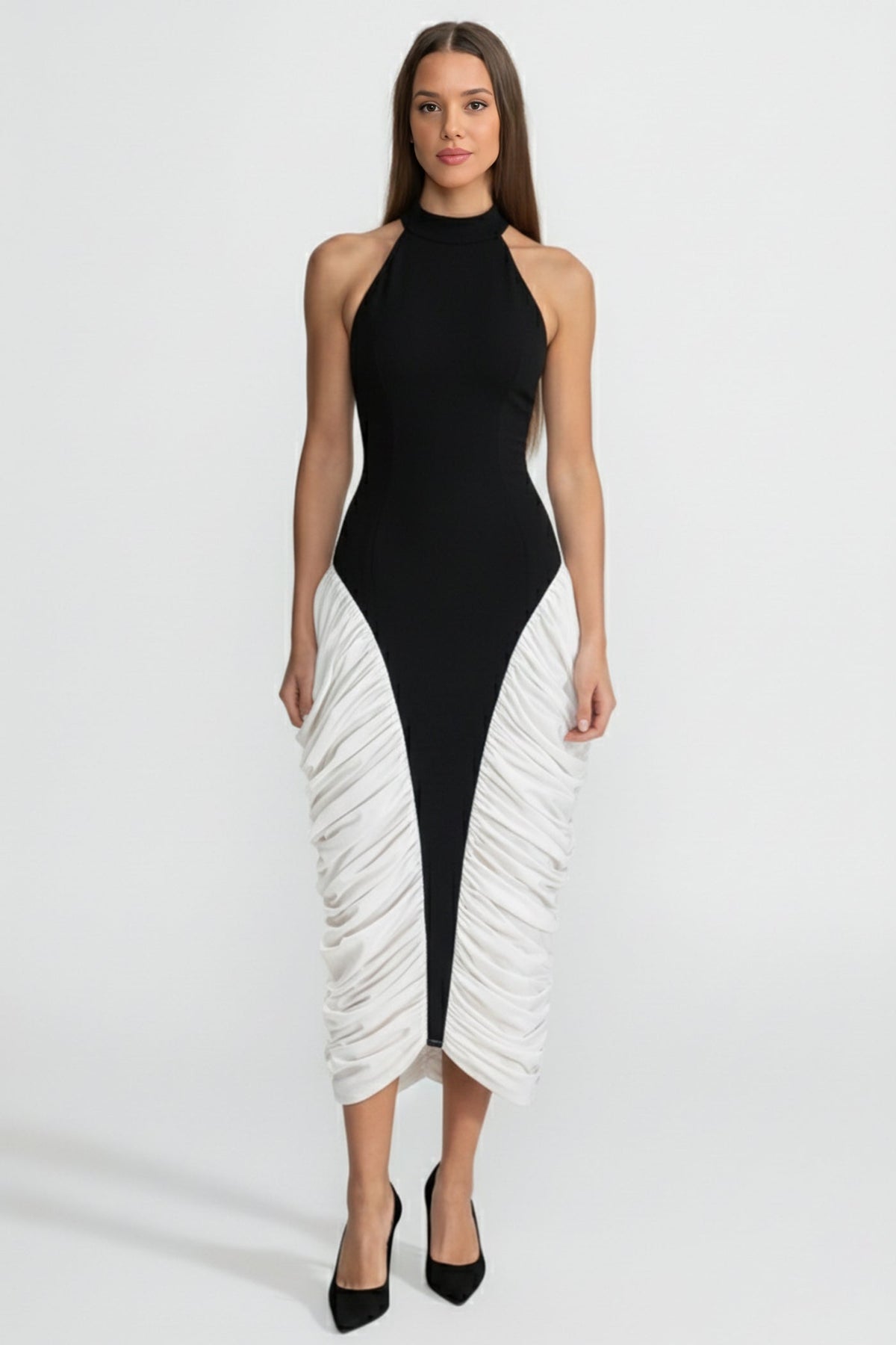 Two-Tone Ruched Halter Midi Dress – Black & White