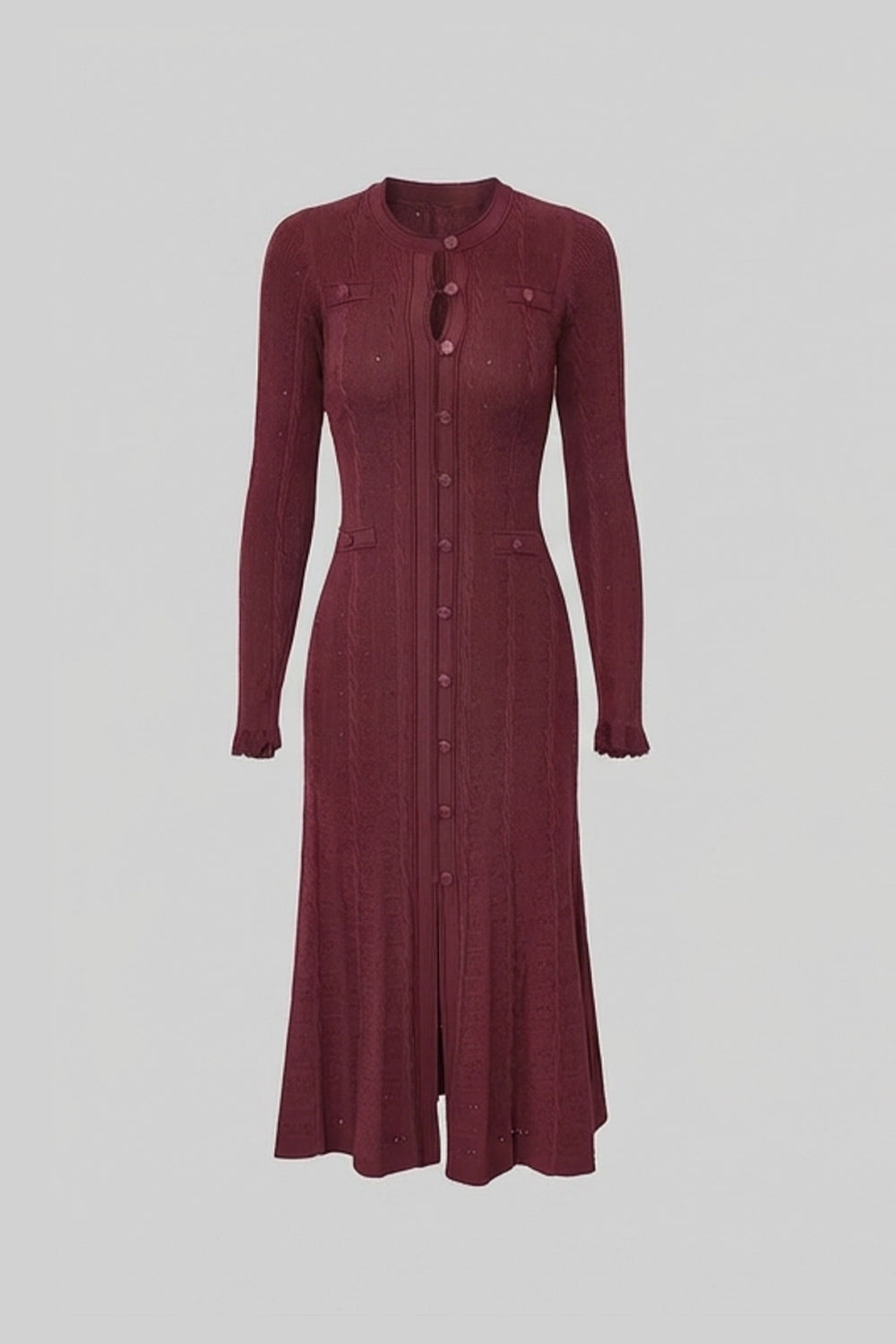 Knit Button-Front Midi Dress with Pointelle Detailing – Burgundy
