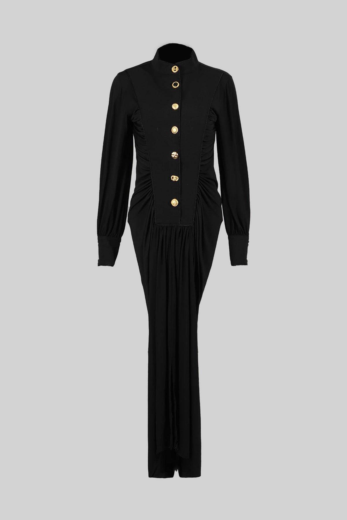 Velvet Maxi Dress with Gold Statement Buttons - Black