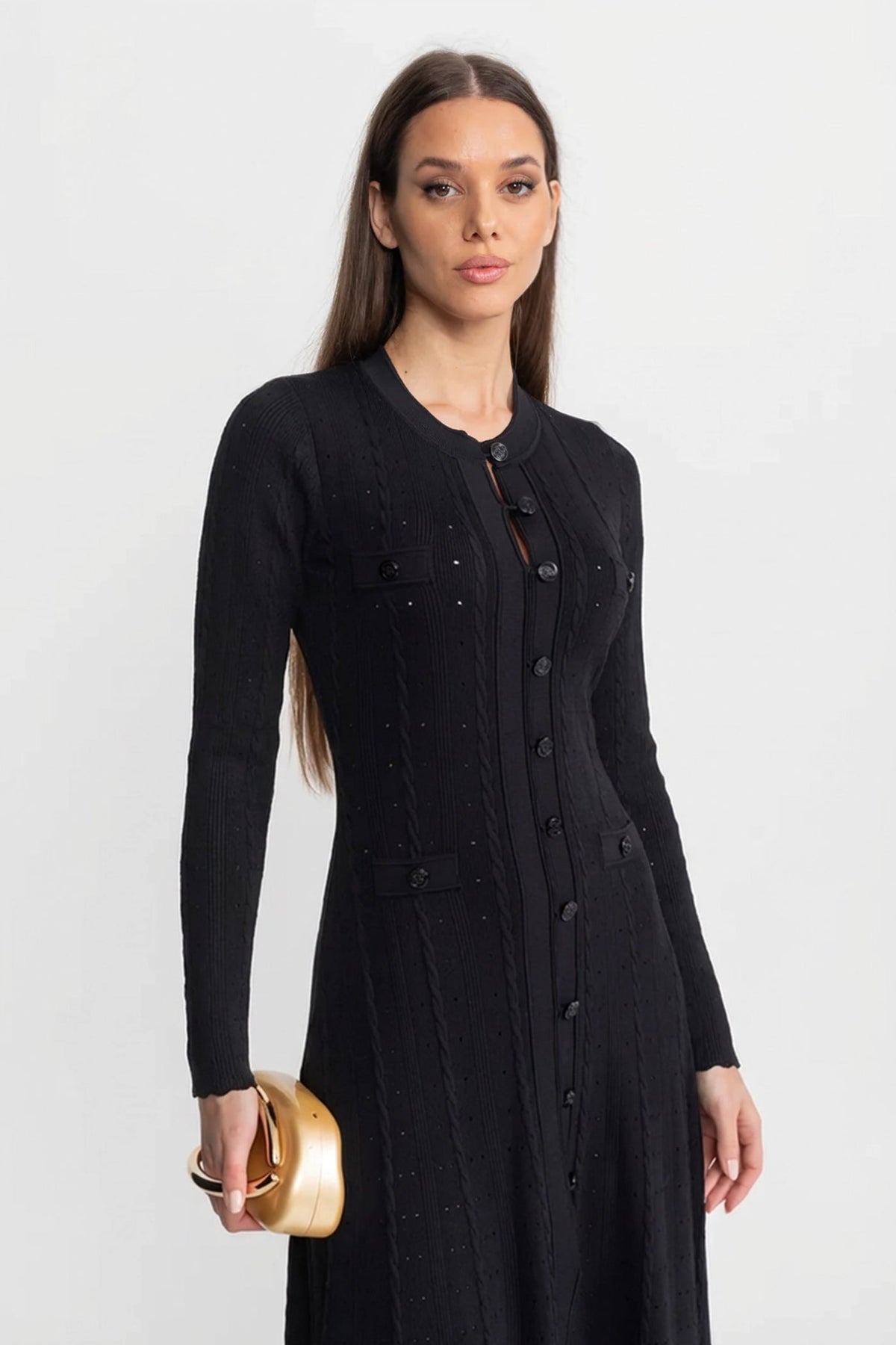 Knit Button-Front Midi Dress with Pointelle Detailing – Black