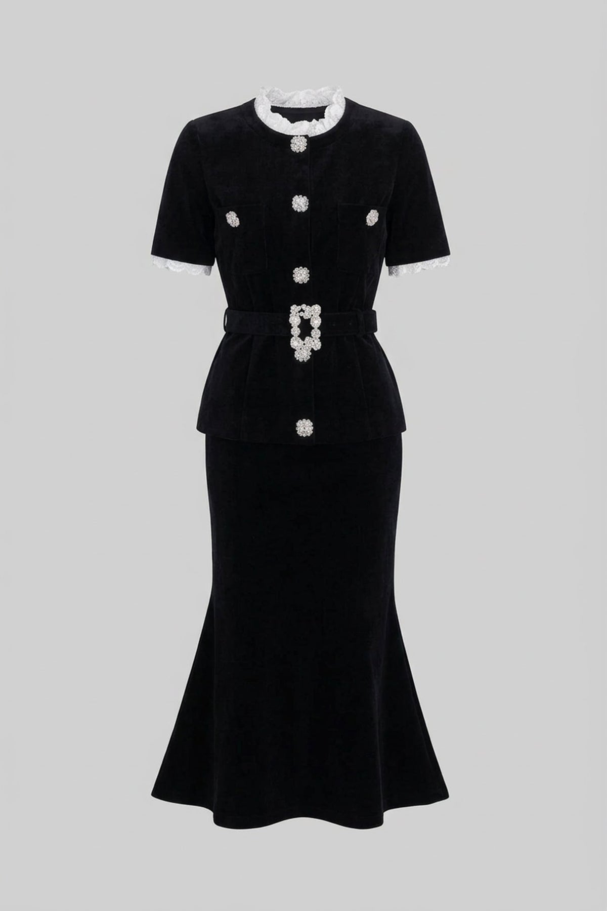 Short Sleeve Co-Ord With Peplum Waist And Crystal Button Belt - Black