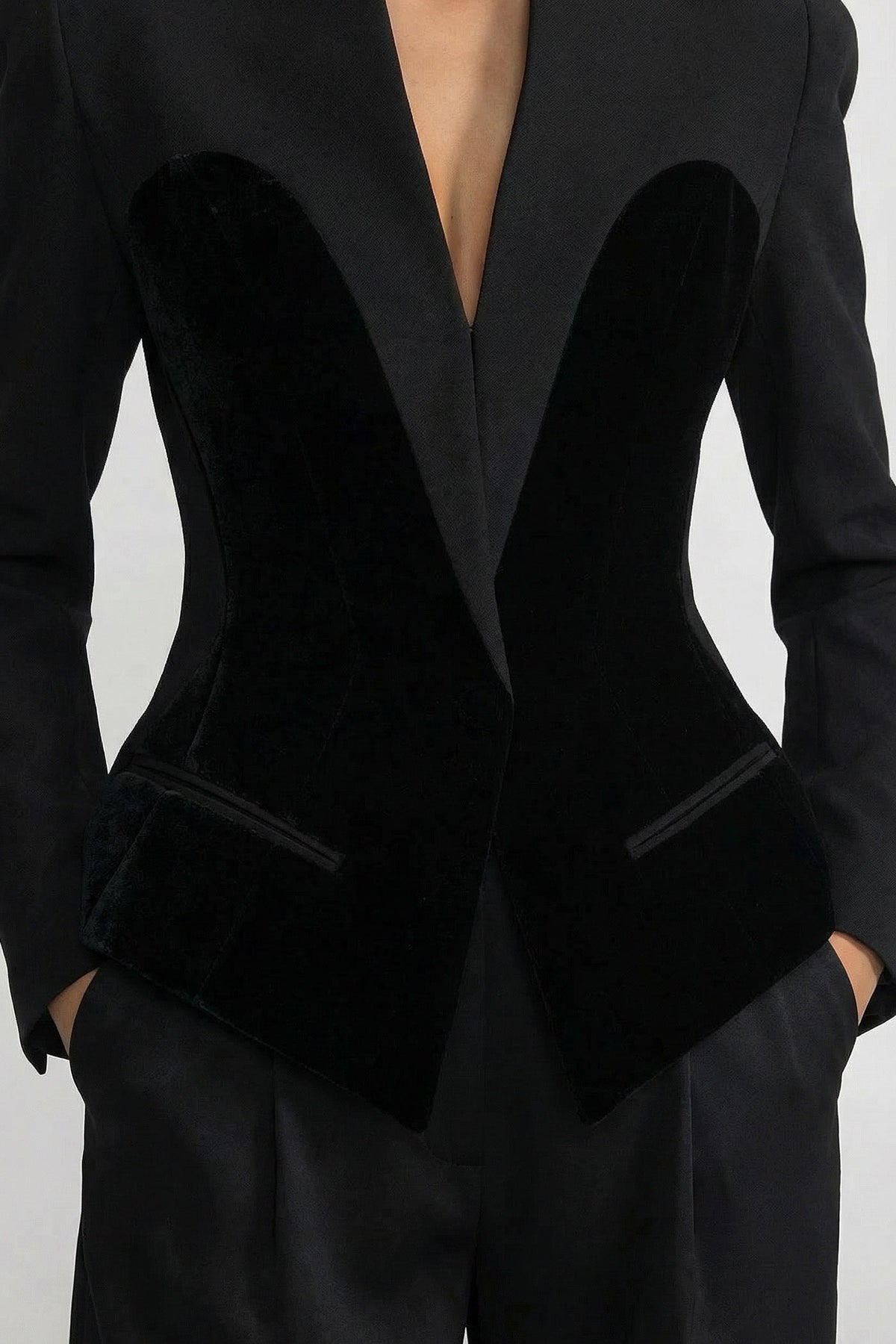 Tailored Long Sleeve Blazer With Velvet Corset-Style Panels - Black