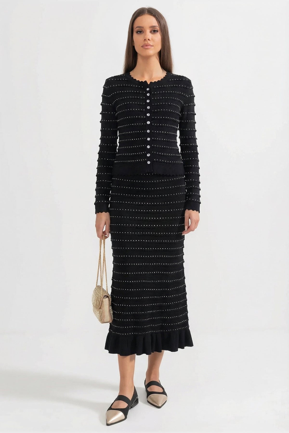 Knit Co-Ord Set With Pointelle Stripe Texture And Sparkling Embellishments - Black
