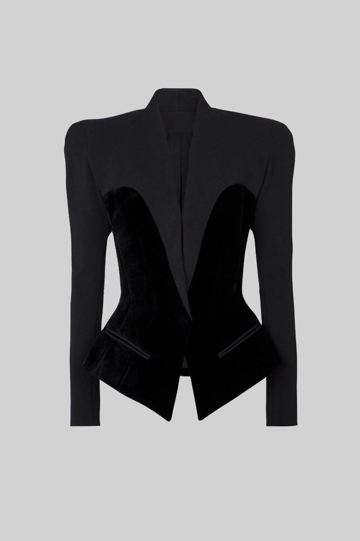Tailored Long Sleeve Blazer With Velvet Corset-Style Panels - Black