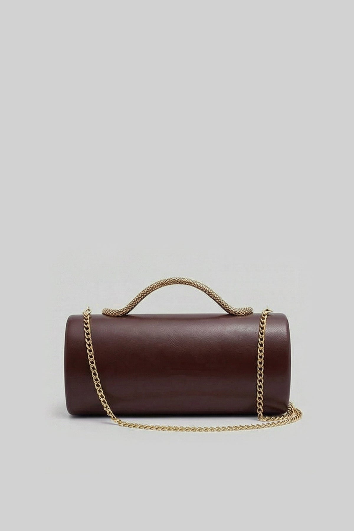 Structured Clutch Bag with Snake Handle And Gold Chain – Brown