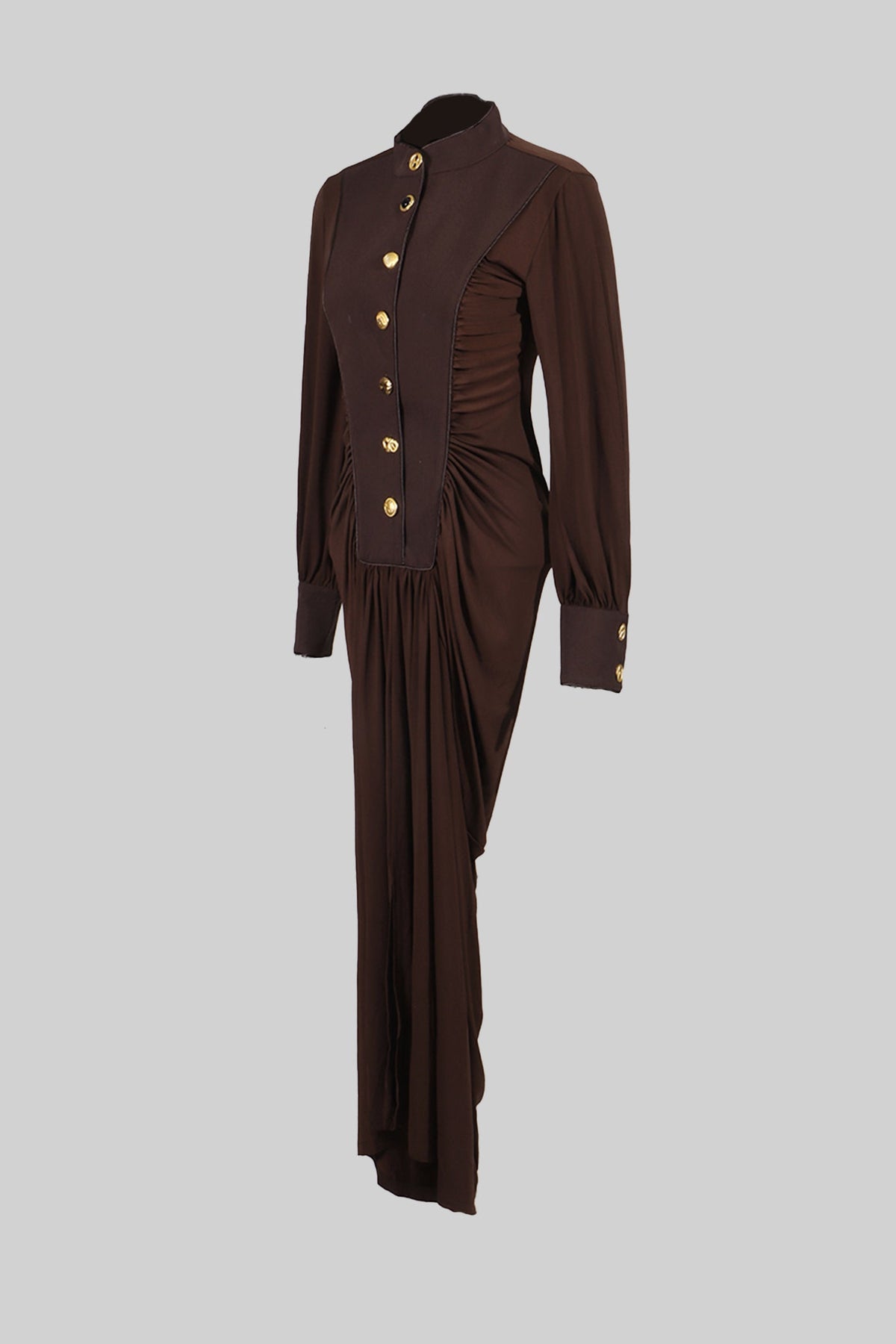 Velvet Maxi Dress with Gold Statement Buttons - Brown