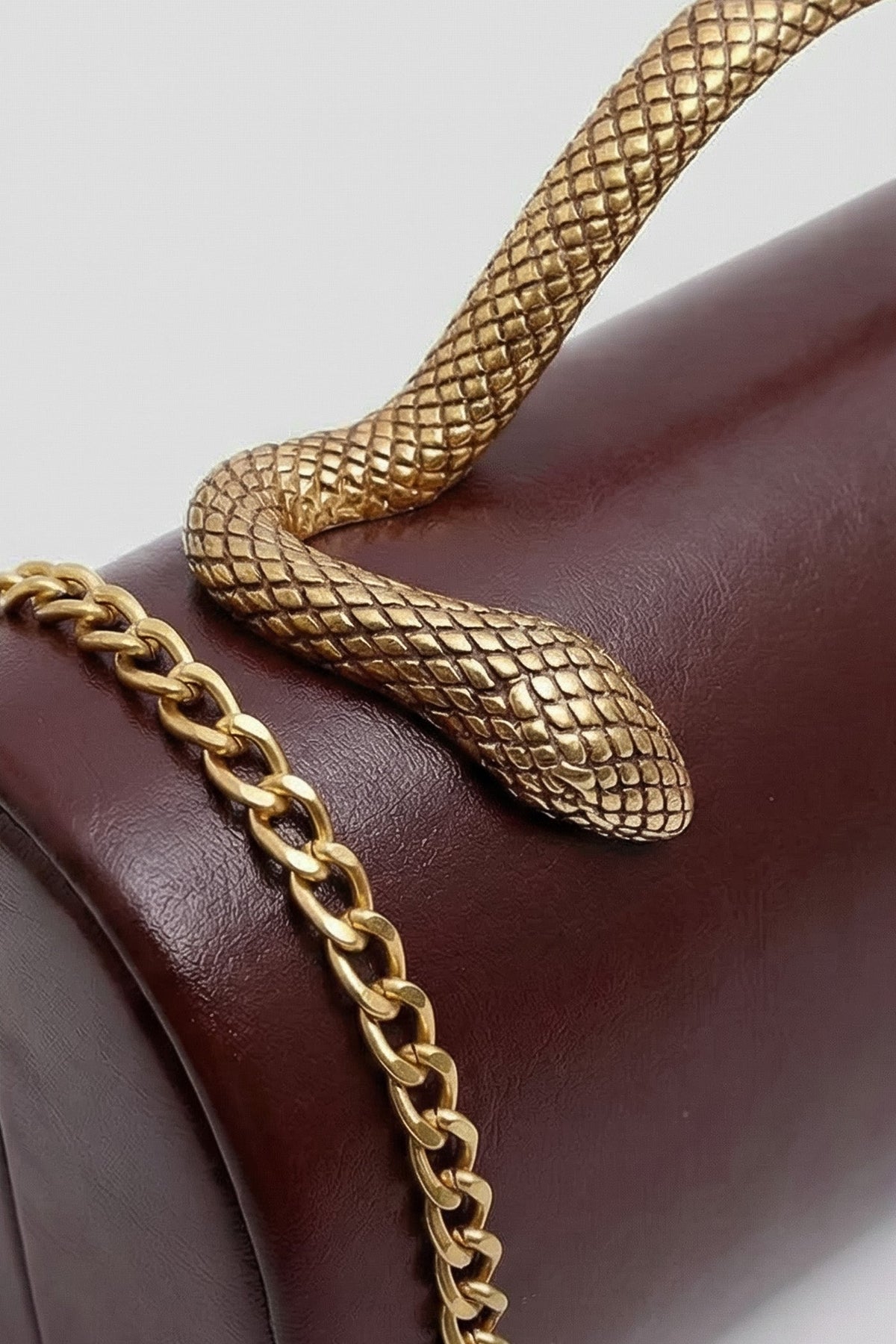 Structured Clutch Bag with Snake Handle And Gold Chain – Brown