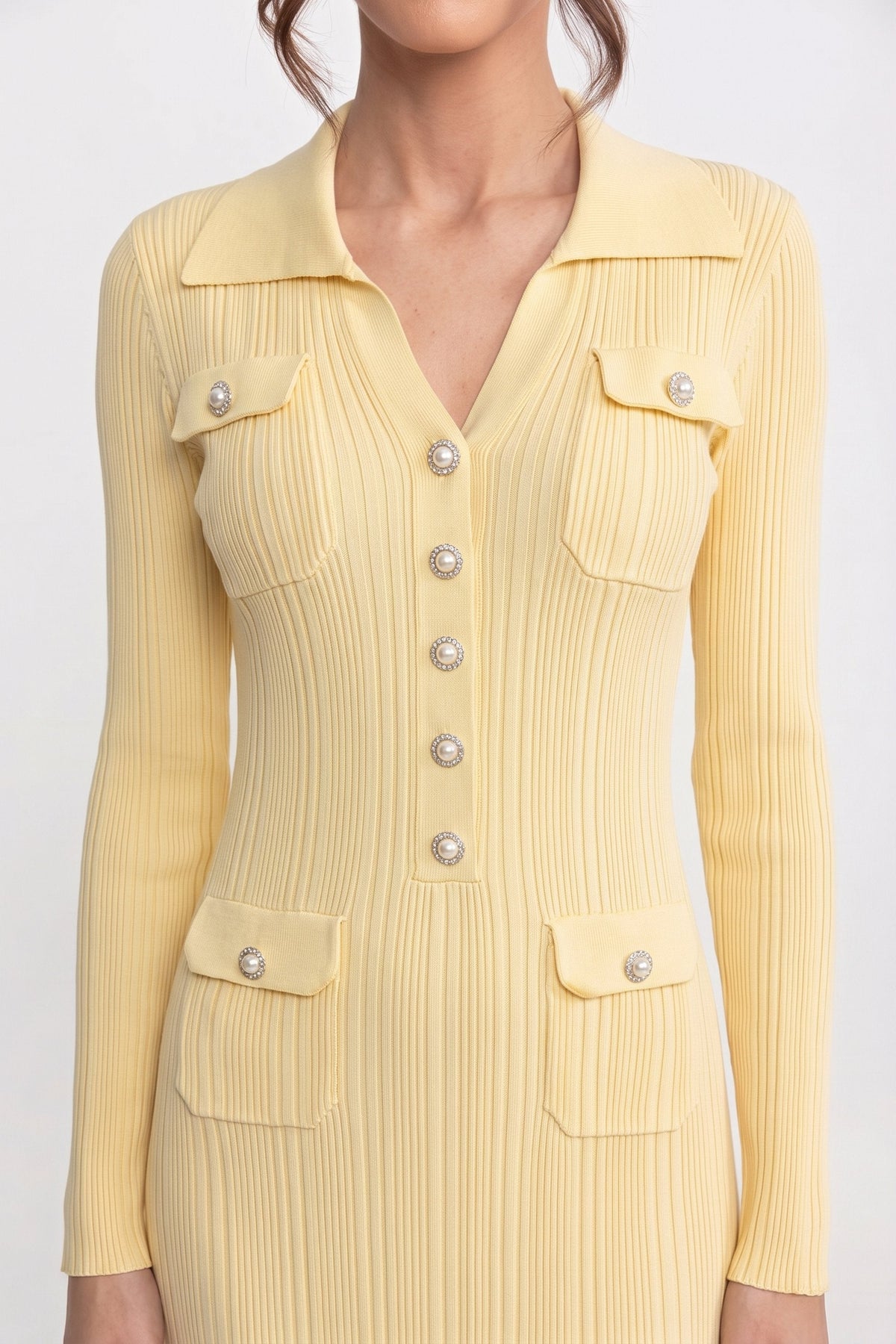 Long-Sleeve Button-Front Knit Maxi Dress With Patch Pockets - Yellow