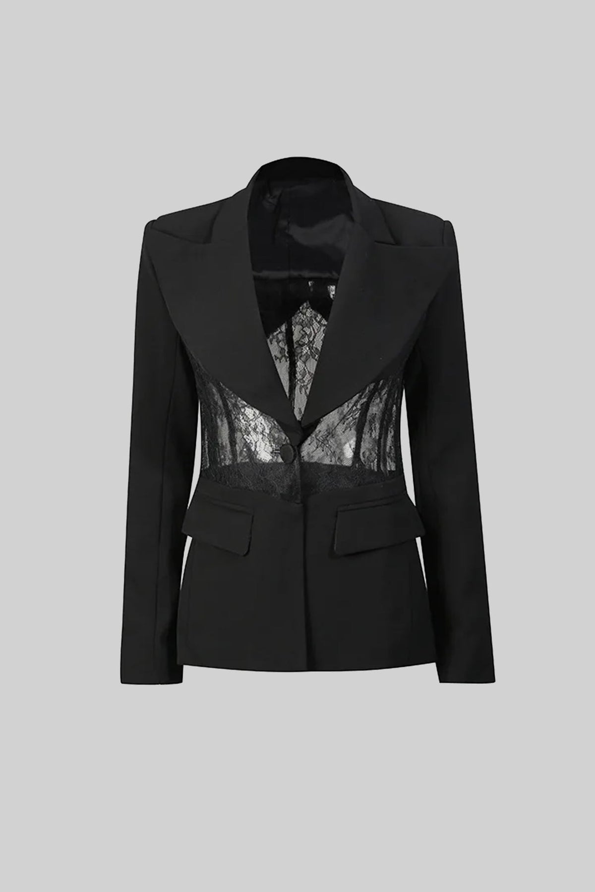 Tailored Long Sleeve Blazer With Sheer Lace Waist Panels - Black
