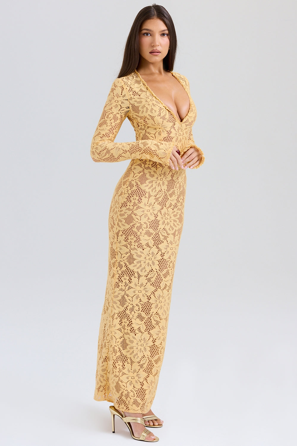 Indiana Apricot Plunge Lace Maxi Dress - Butter yellow