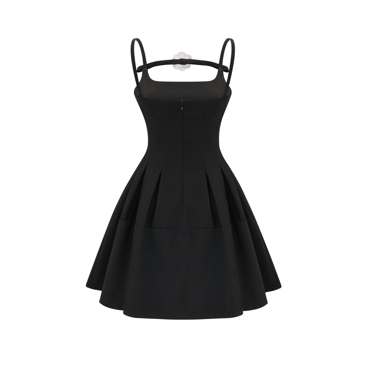 Camellia pleated black mini dress