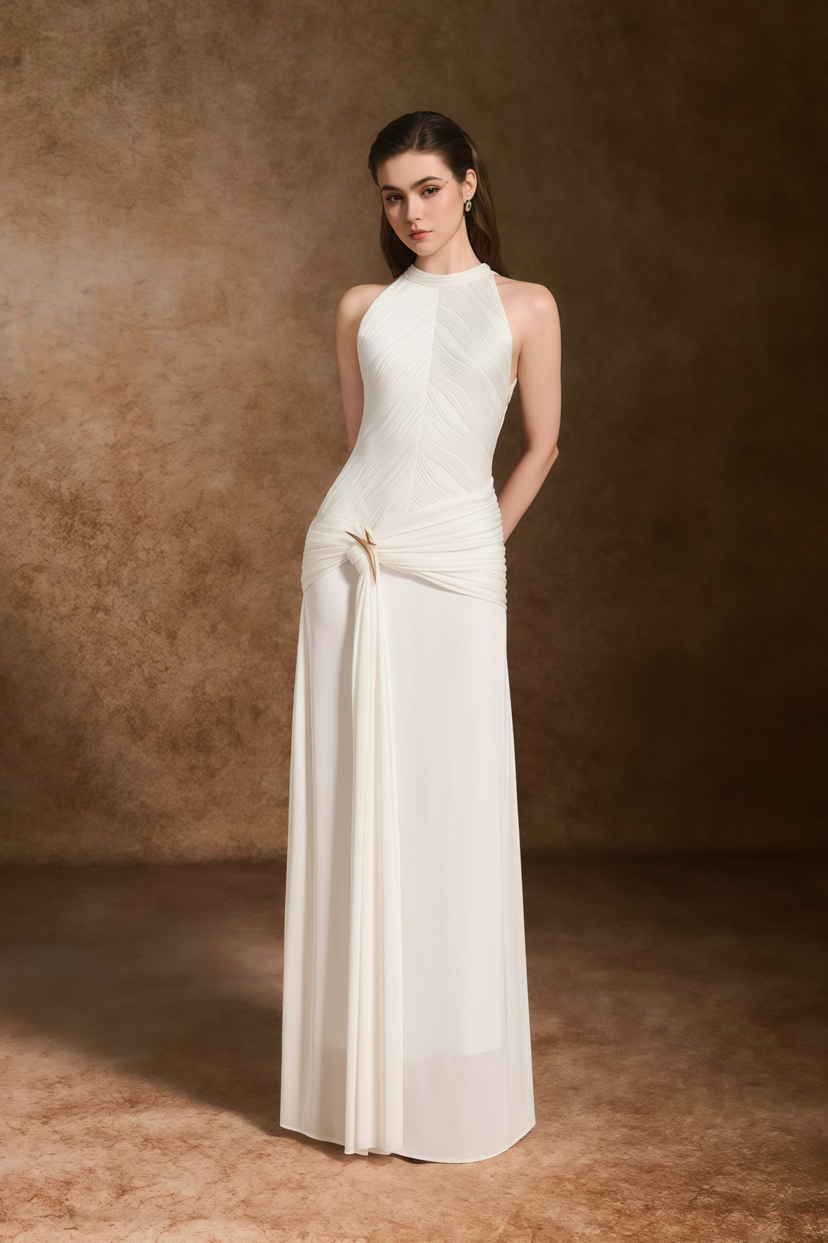 Klara White Ruched Ribbon Textured Maxi Dress