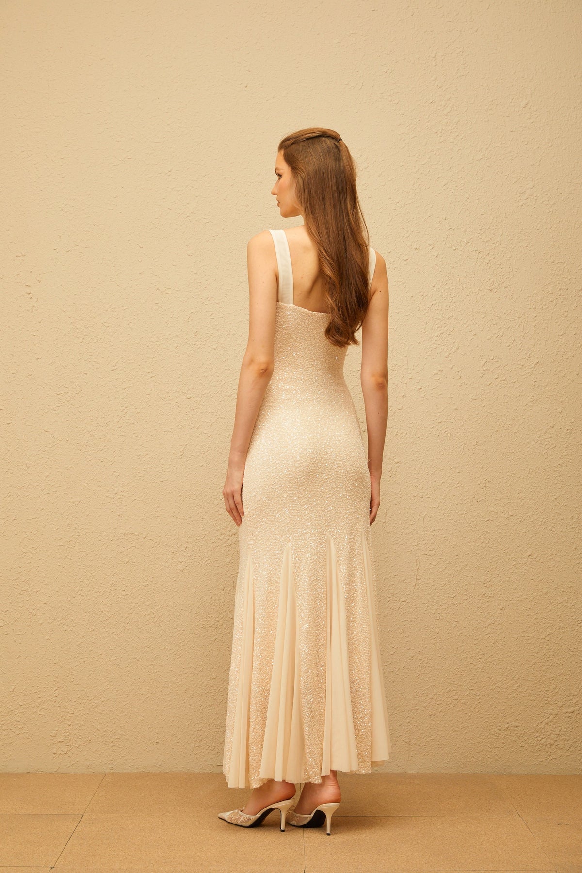 Jade Neutral Sequin Mermaid Mesh Maxi Dress