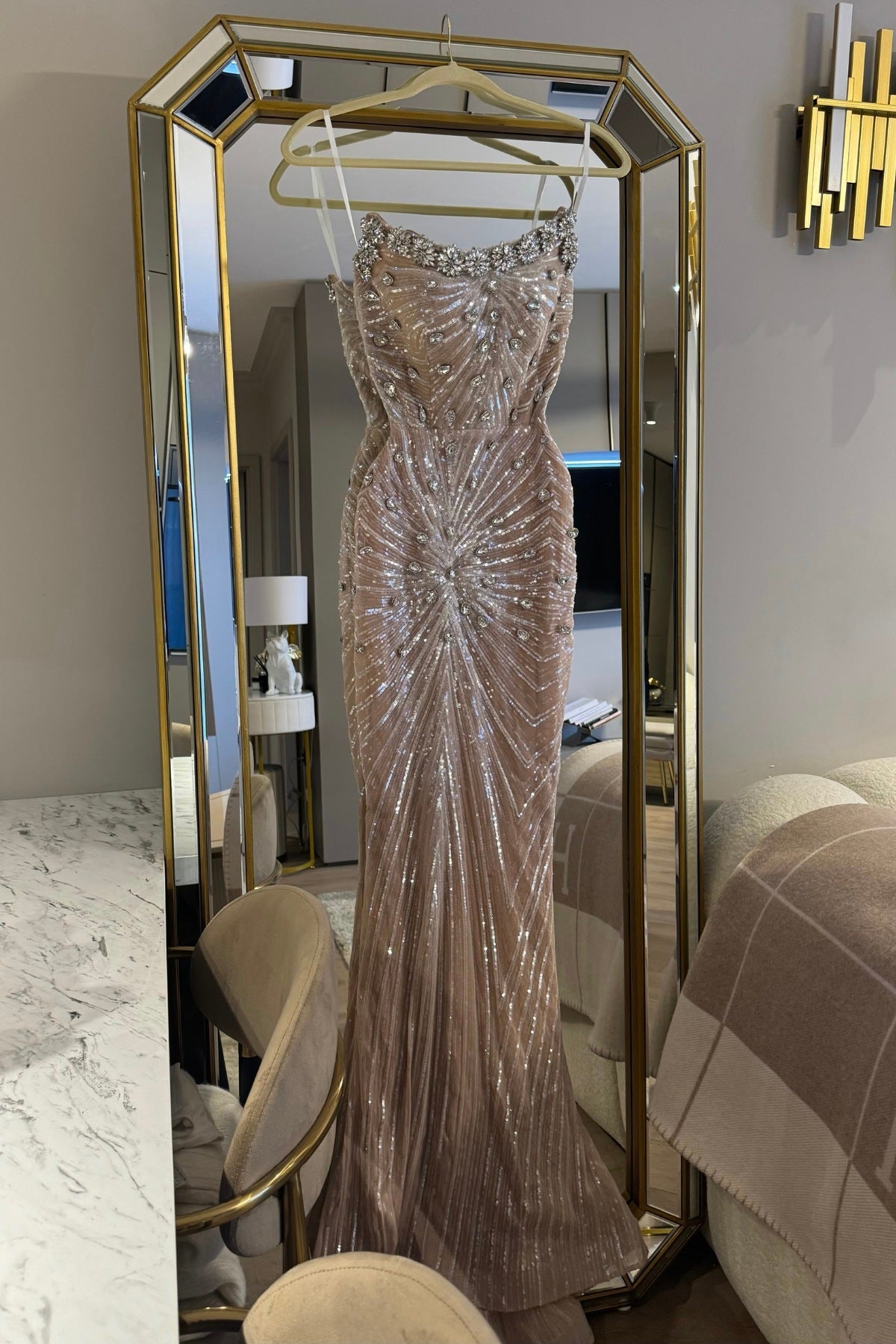 Sophisticated Evening Gown With Shimmering Sequin Embellishments - Beige