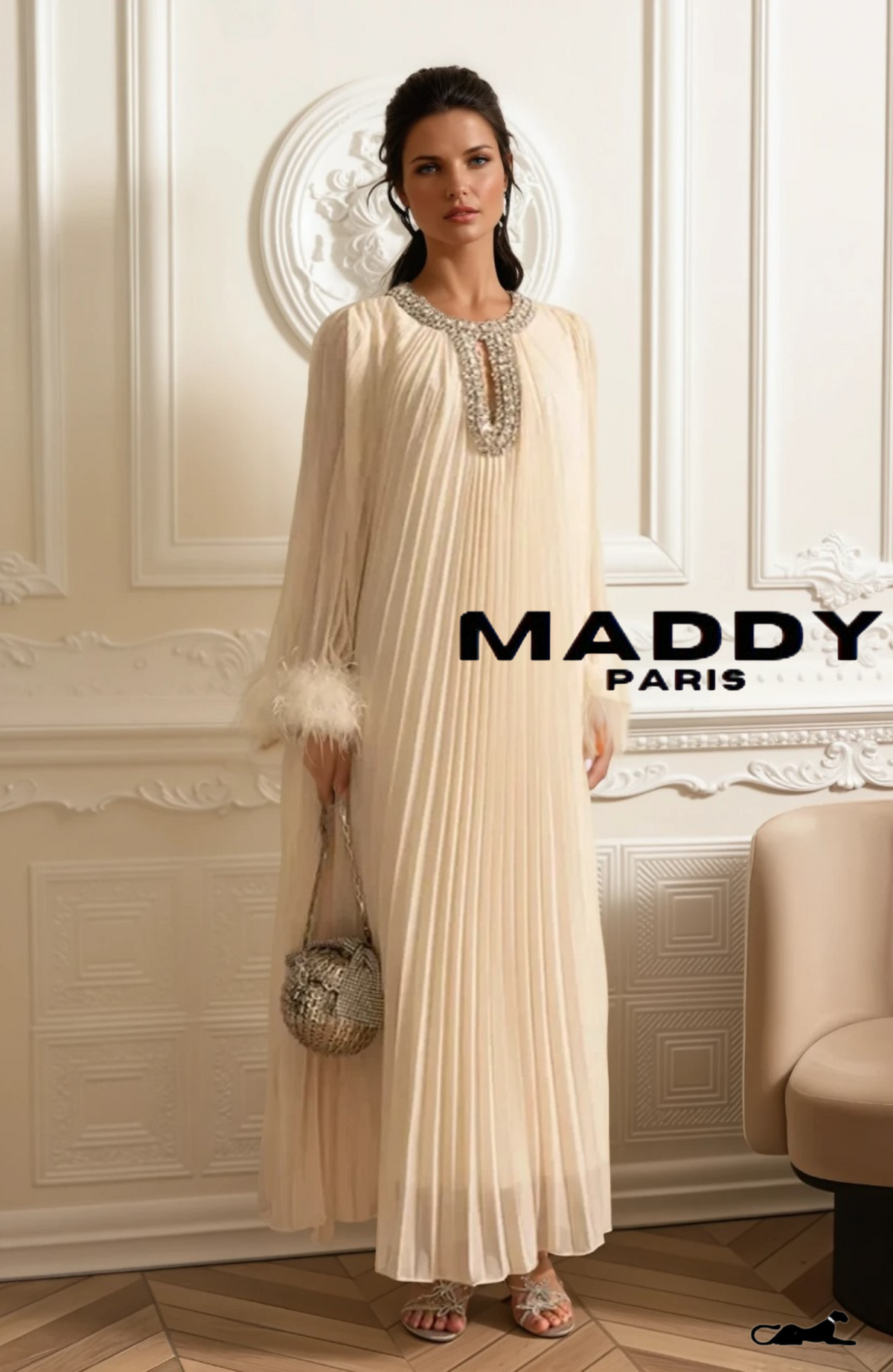 LAMISS Pleated Maxi Dress With Feathered Cuffs And Sparkling Neckline - Ivoire