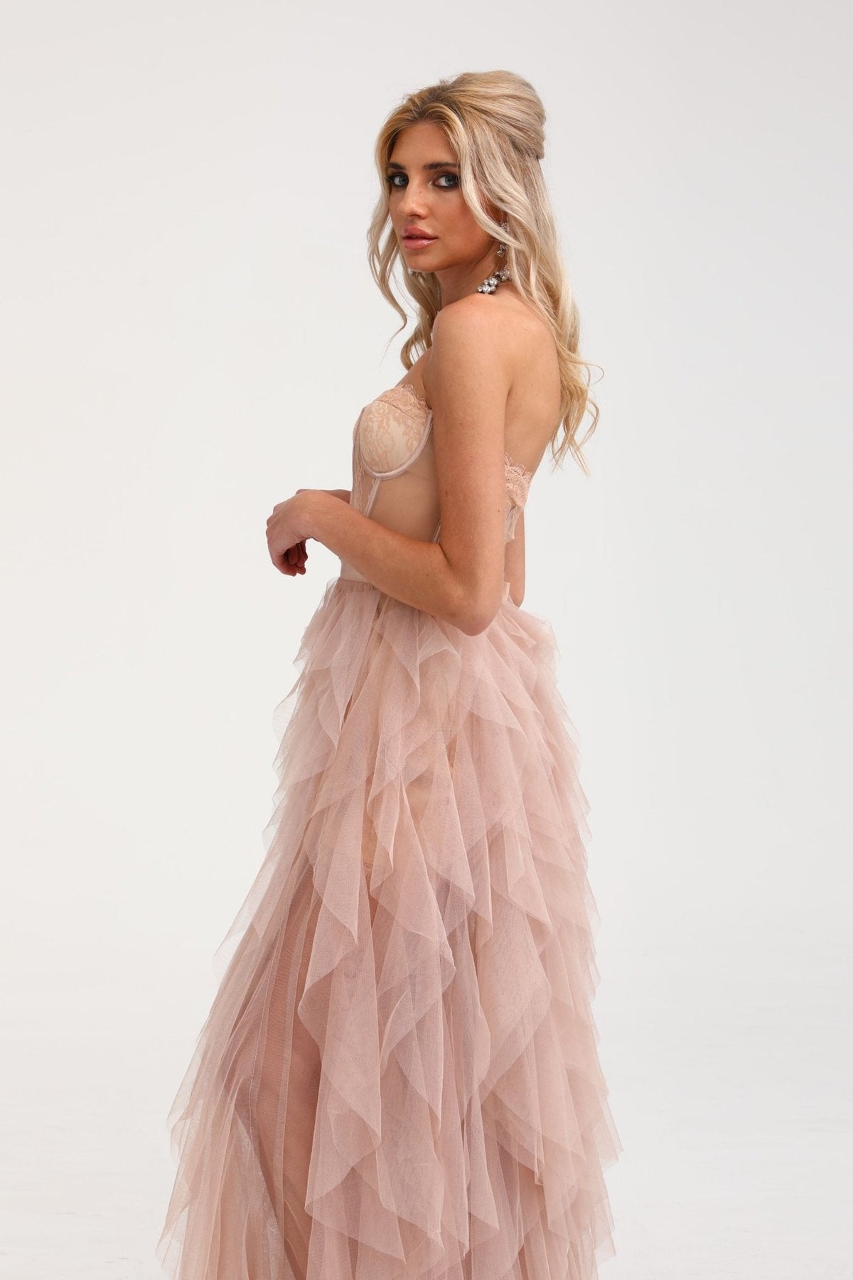Eilís pink bustier mesh maxi dress