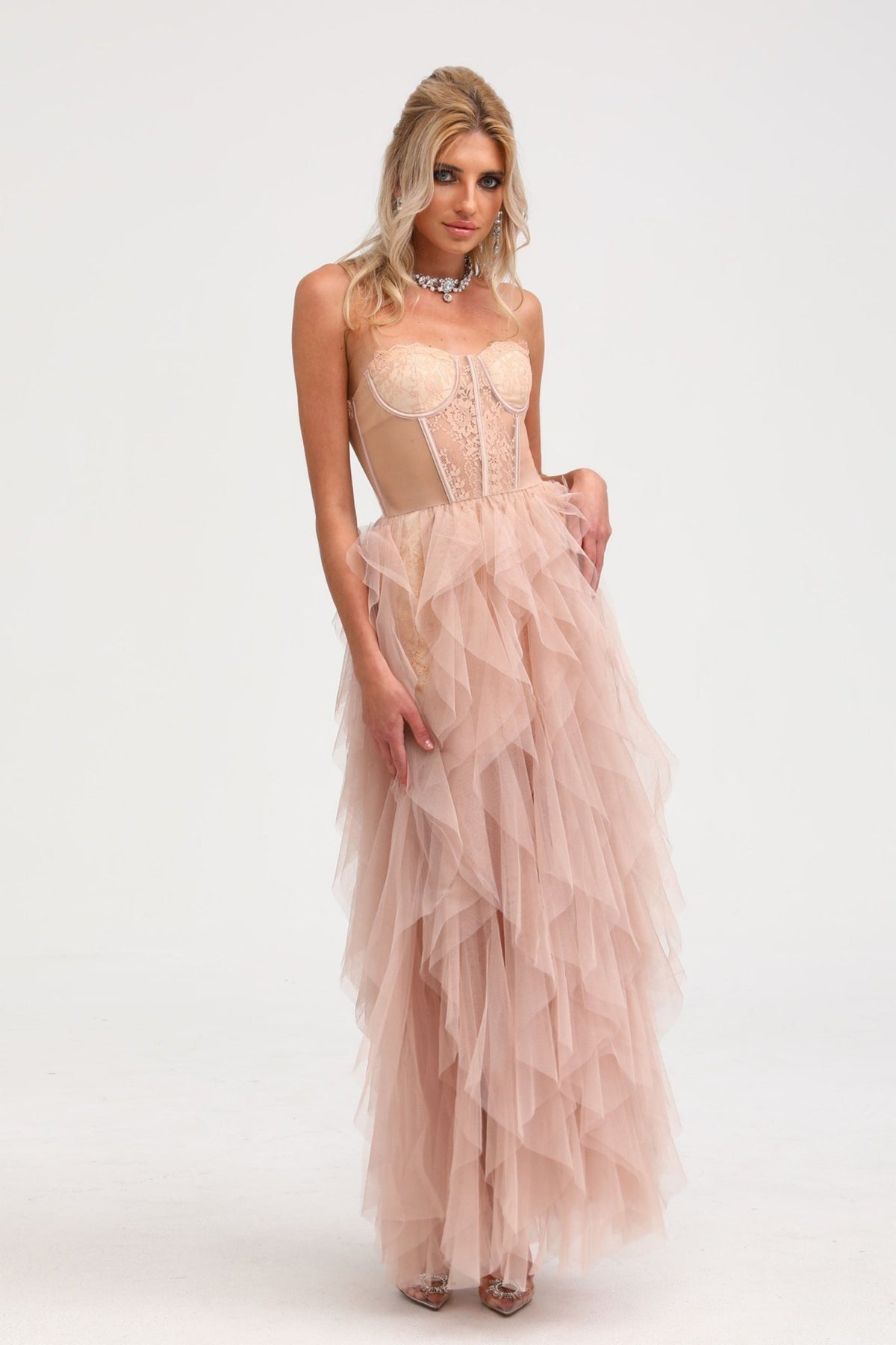 Eilís Pink Bustier Mesh Maxi Dress (Final Sale-US Only)