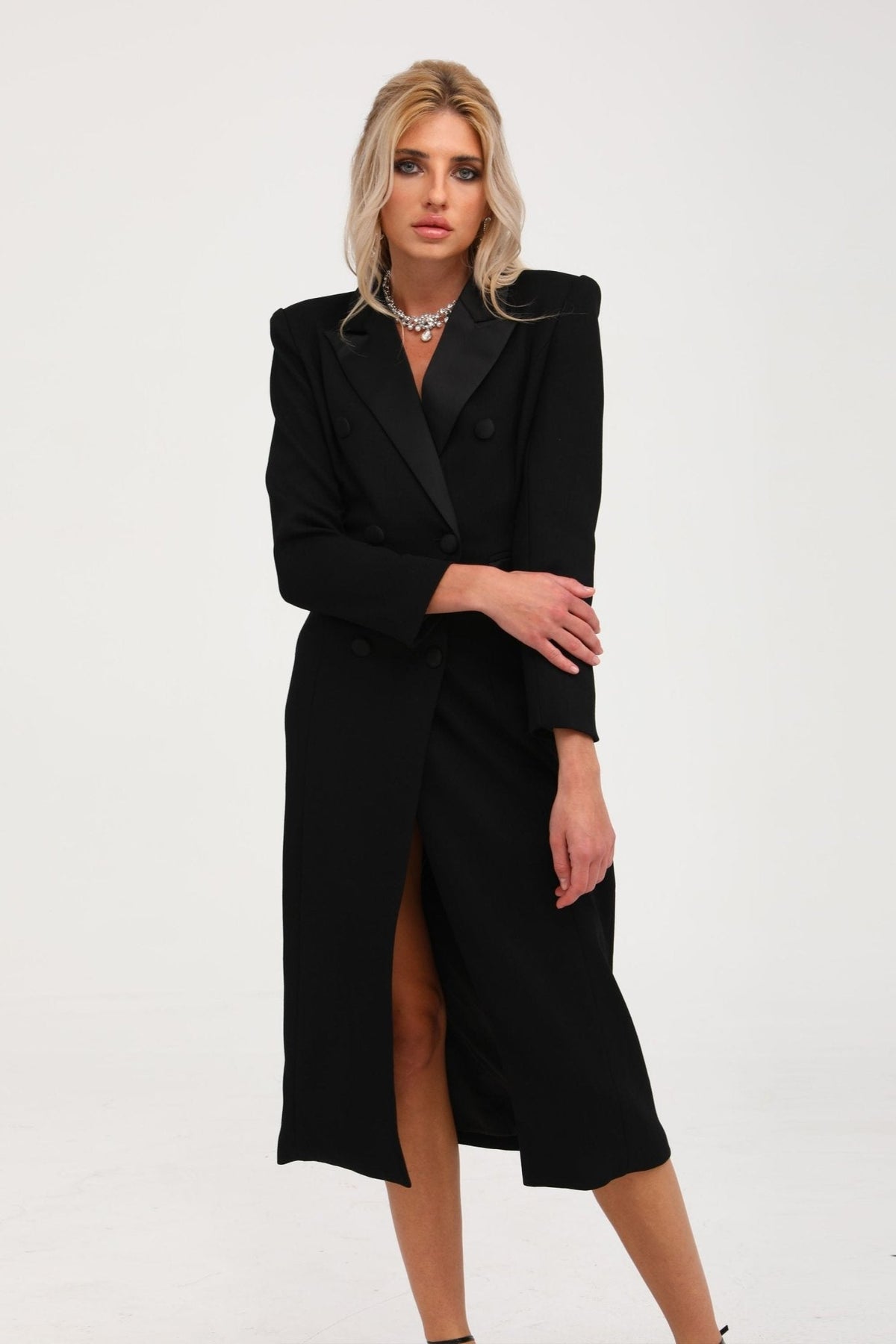 Eithne black double-breasted long coat