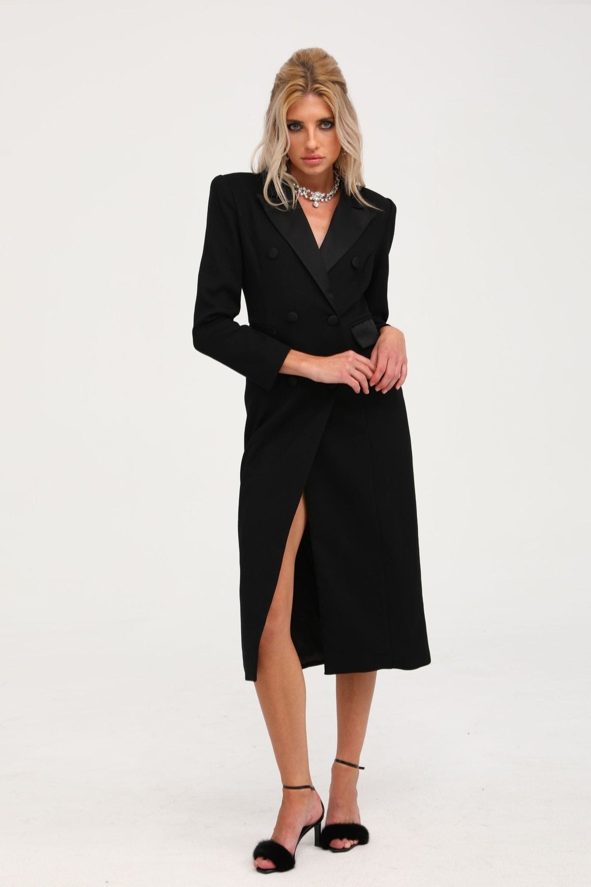 Eithne black double-breasted long coat