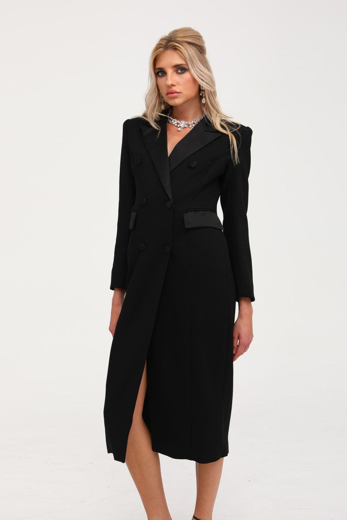 Eithne black double-breasted long coat