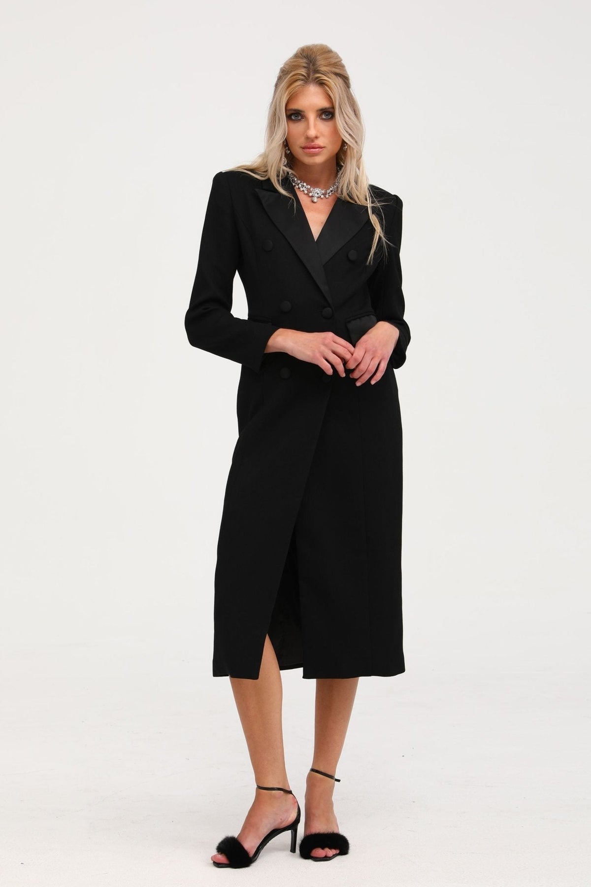 Eithne black double-breasted long coat