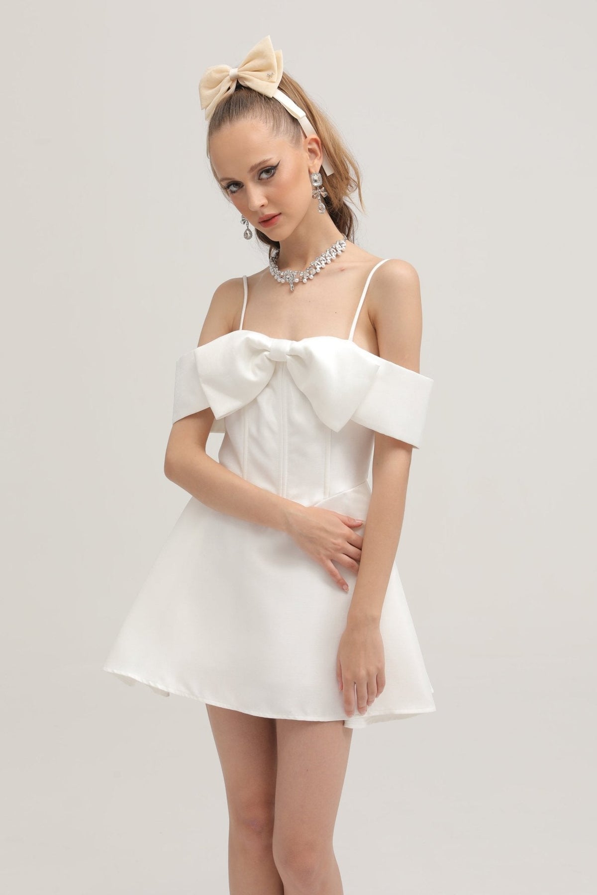 Elva white bowknot flared mini dress - White