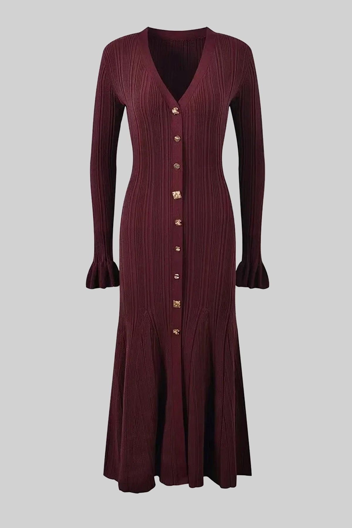 V-Neck Button-Front Ribbed Knit Maxi Dress With Ruffle Cuffs - Burgundy