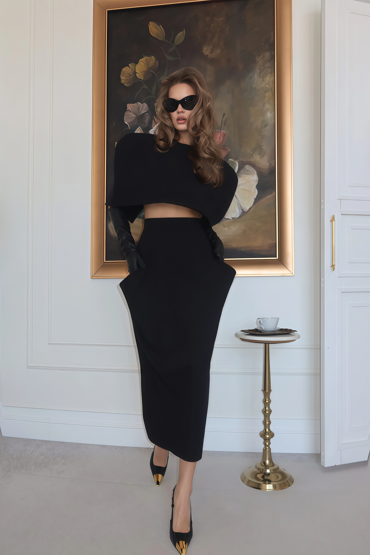 Shiva Black Structured Cape & Asymmetrical Skirt Set