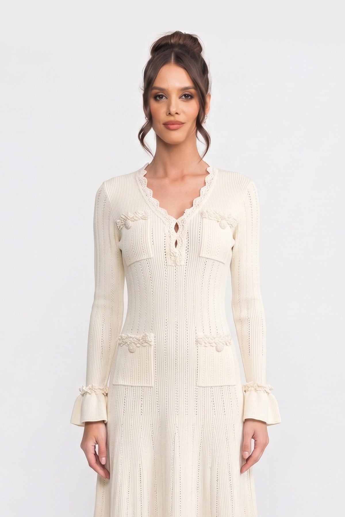 Long-Sleeve V-Neck Knit Mini Dress With Ruffle Hem And Bow Cuffs - Ivoire